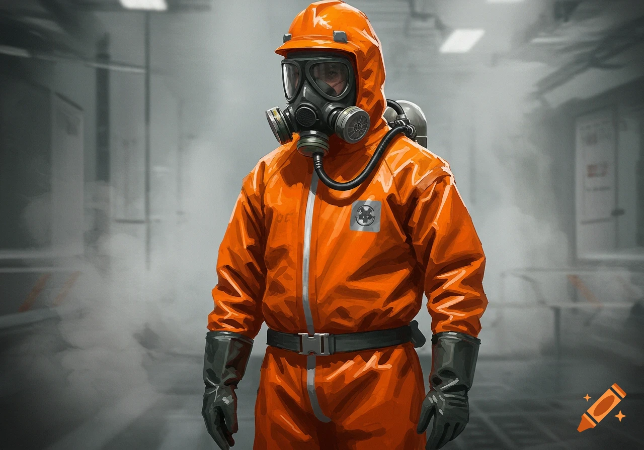 Person in a full orange hazmat suit and gas mask standing in a dusty industrial room.