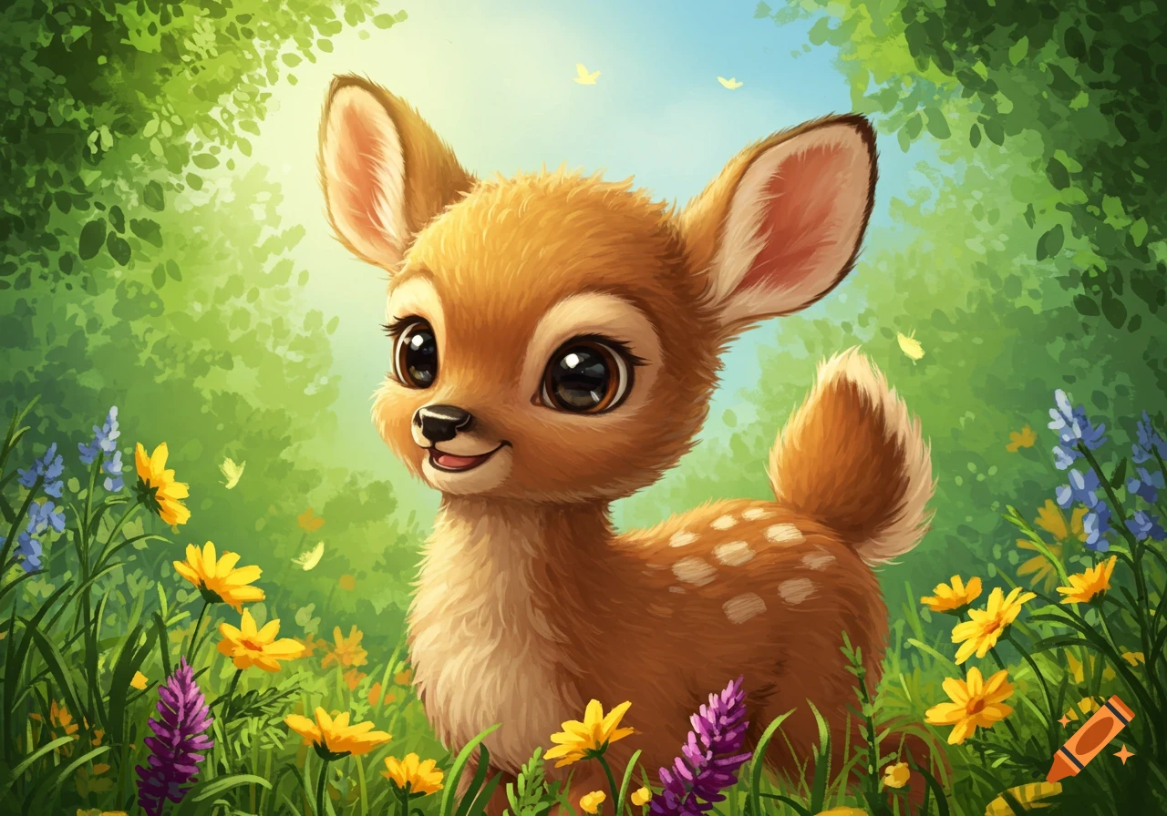 A cute cartoon fawn is surrounded by colorful wildflowers in a sunny forest.