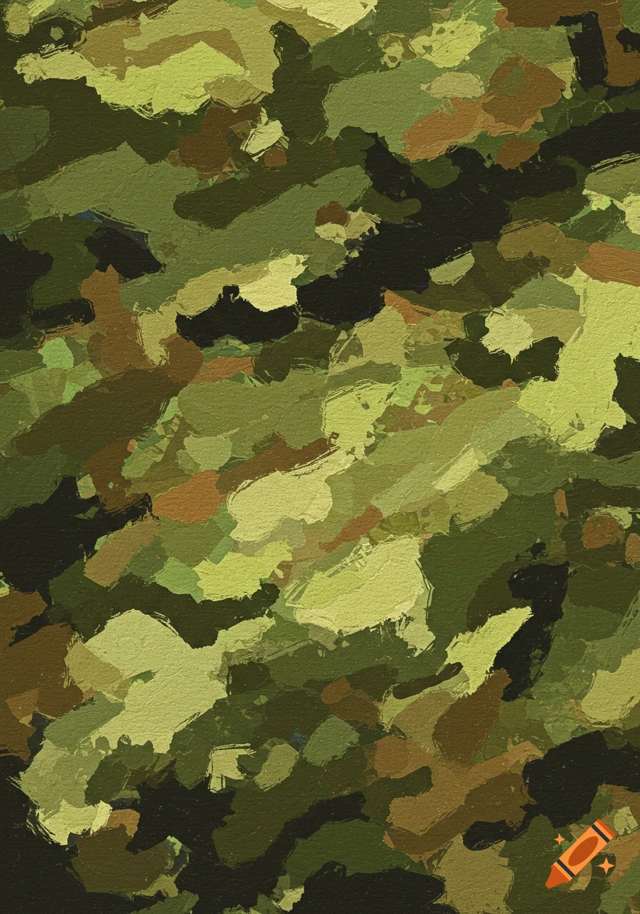 Camouflage pattern in shades of green, brown, and black with a painted texture.
