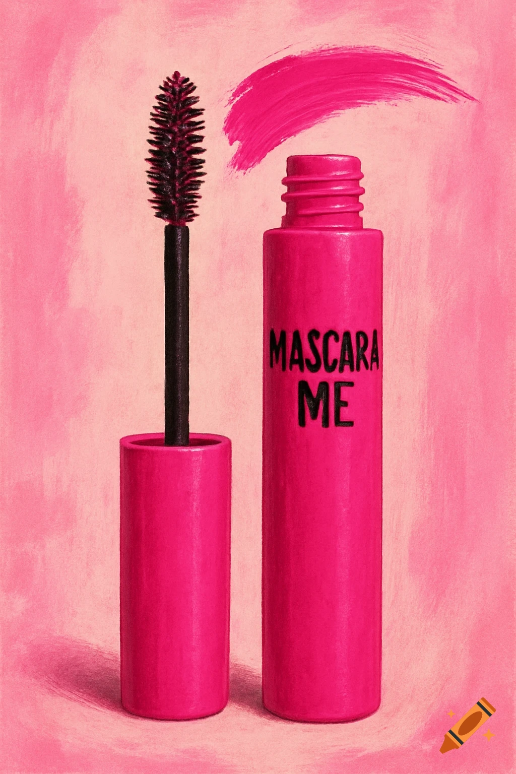 A hot pink mascara bottle and brush with text 'MASCARA ME' on a pink background with a pink brushstroke.