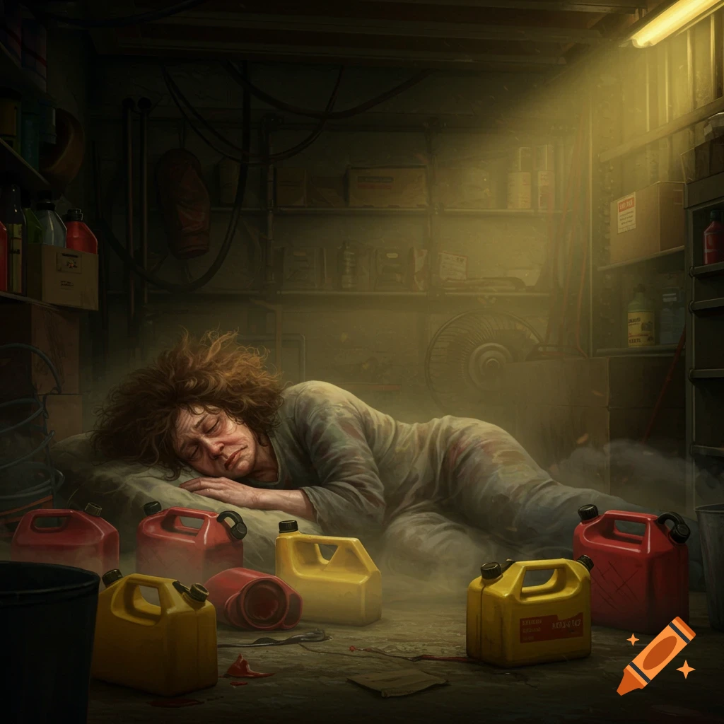 A person sleeps on the floor of a cluttered garage, surrounded by gas cans.