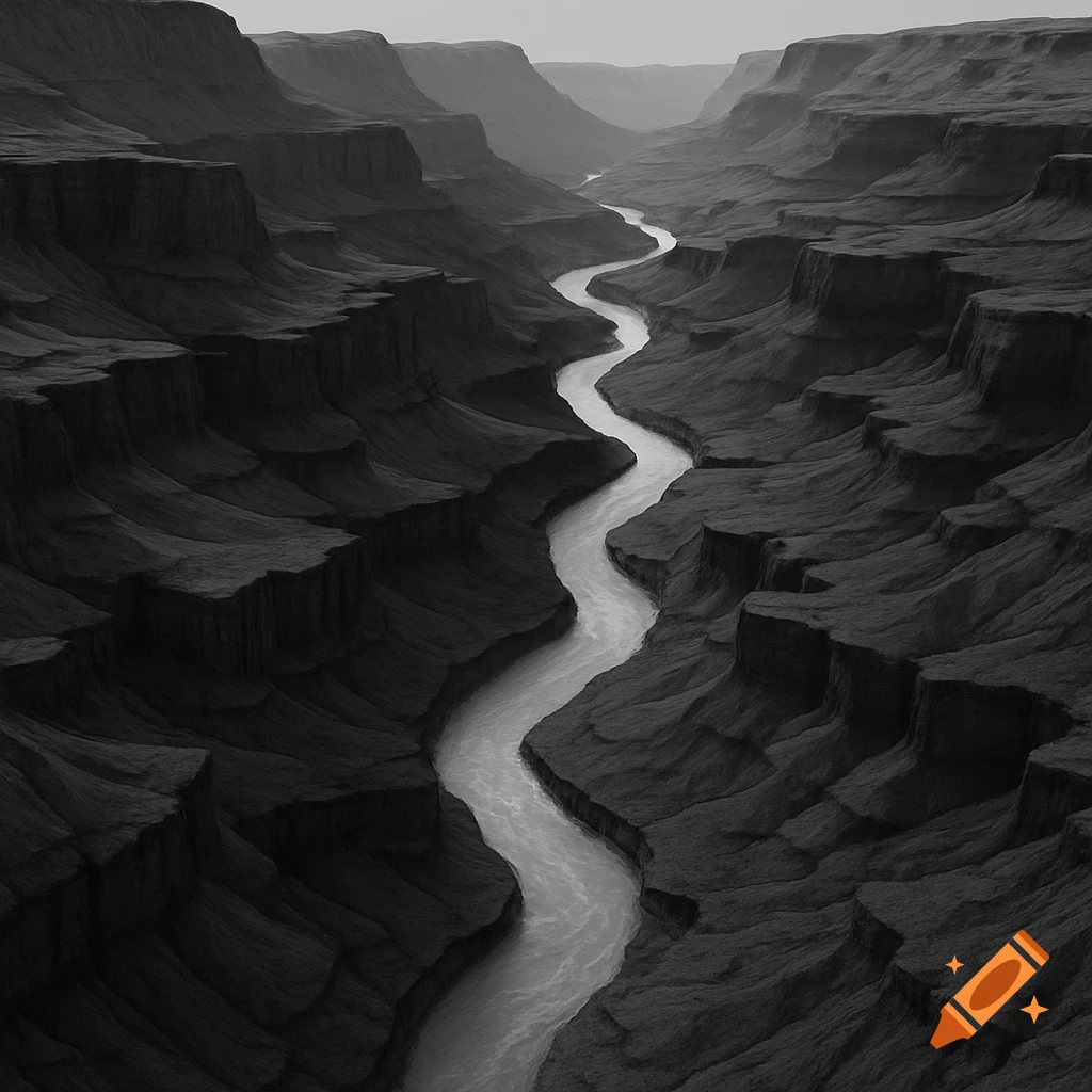 A winding river flows through a deep, narrow canyon rendered in black and white.