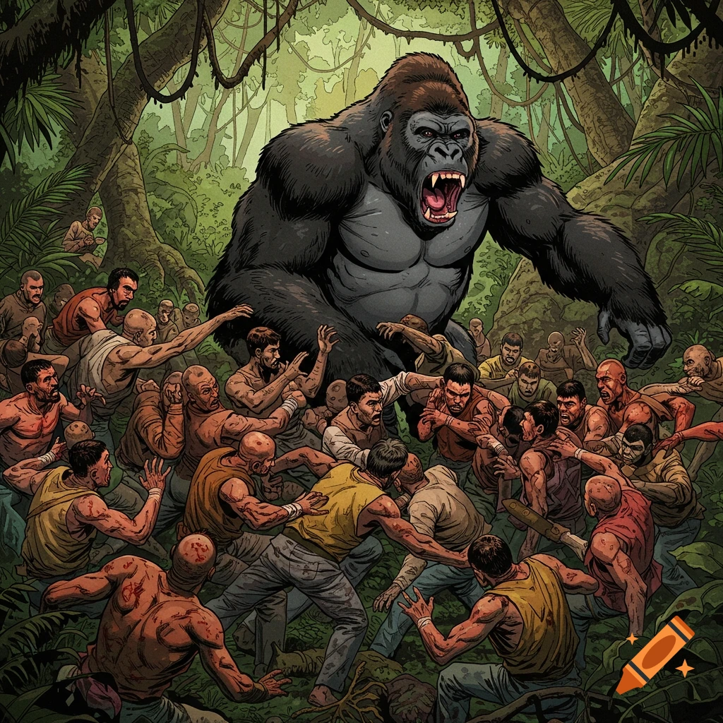 Massive roaring gorilla surrounded by fighting men in a dense jungle illustration