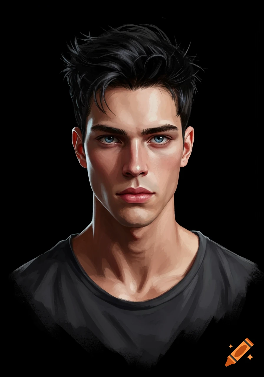 Digital painting of a young man with black hair and blue eyes against a black background.