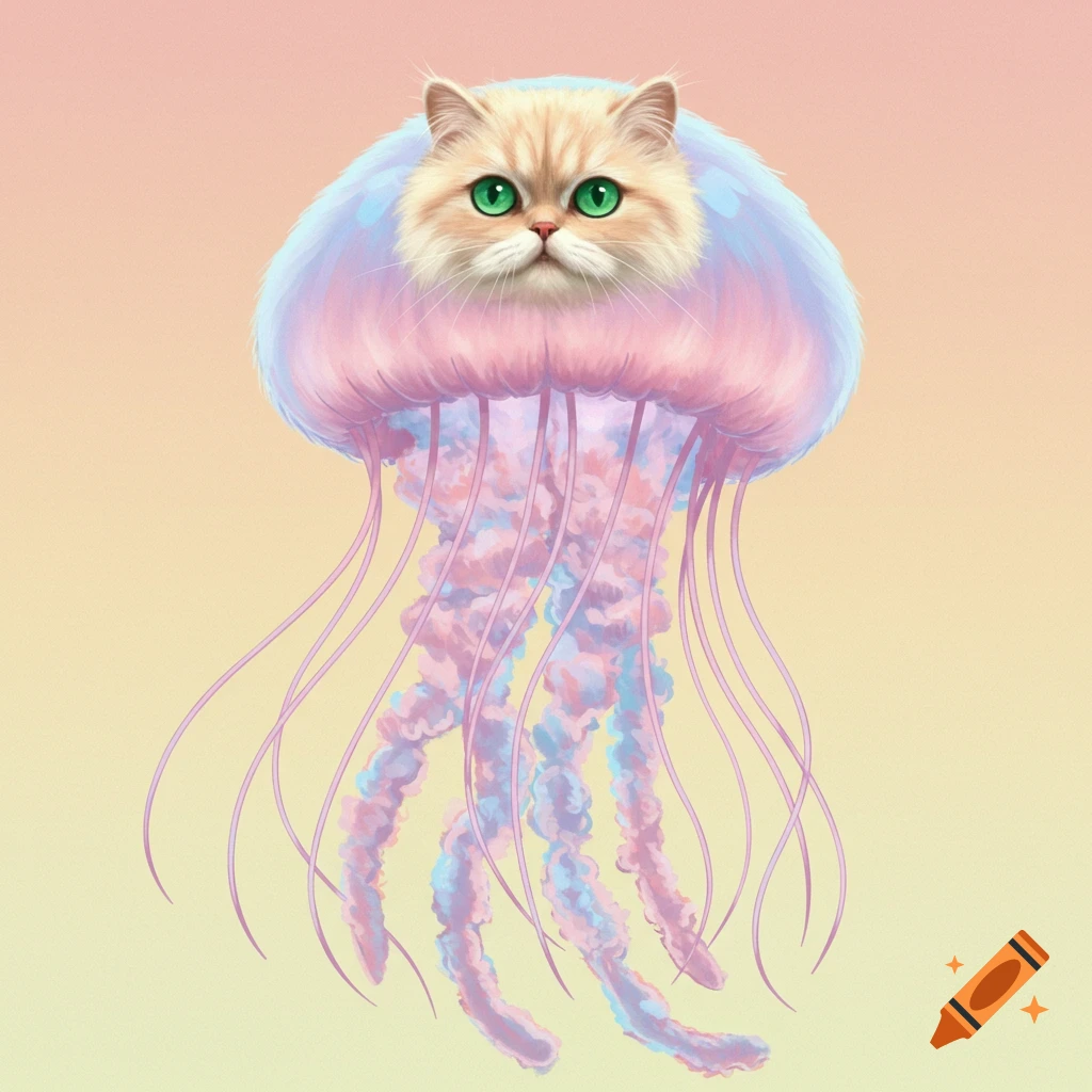 Illustration of a cat's head on a pastel jellyfish body