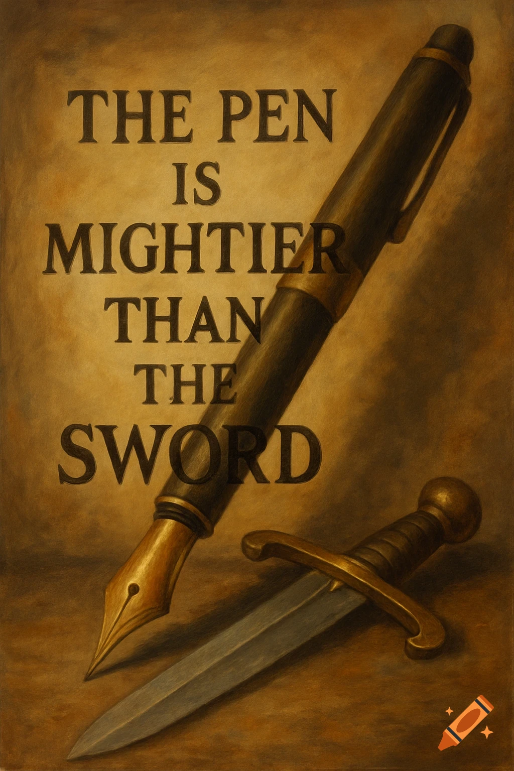 Painterly image of a pen and sword with the text 'THE PEN IS MIGHTIER THAN THE SWORD'.