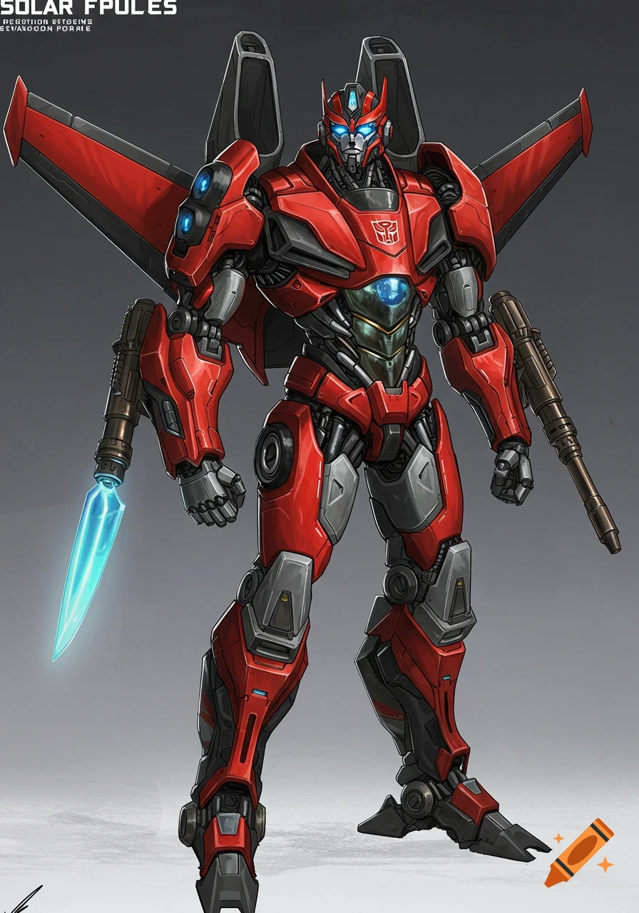 Red and grey robot standing with jet wings, rifle, and glowing blade, in an illustrated style.