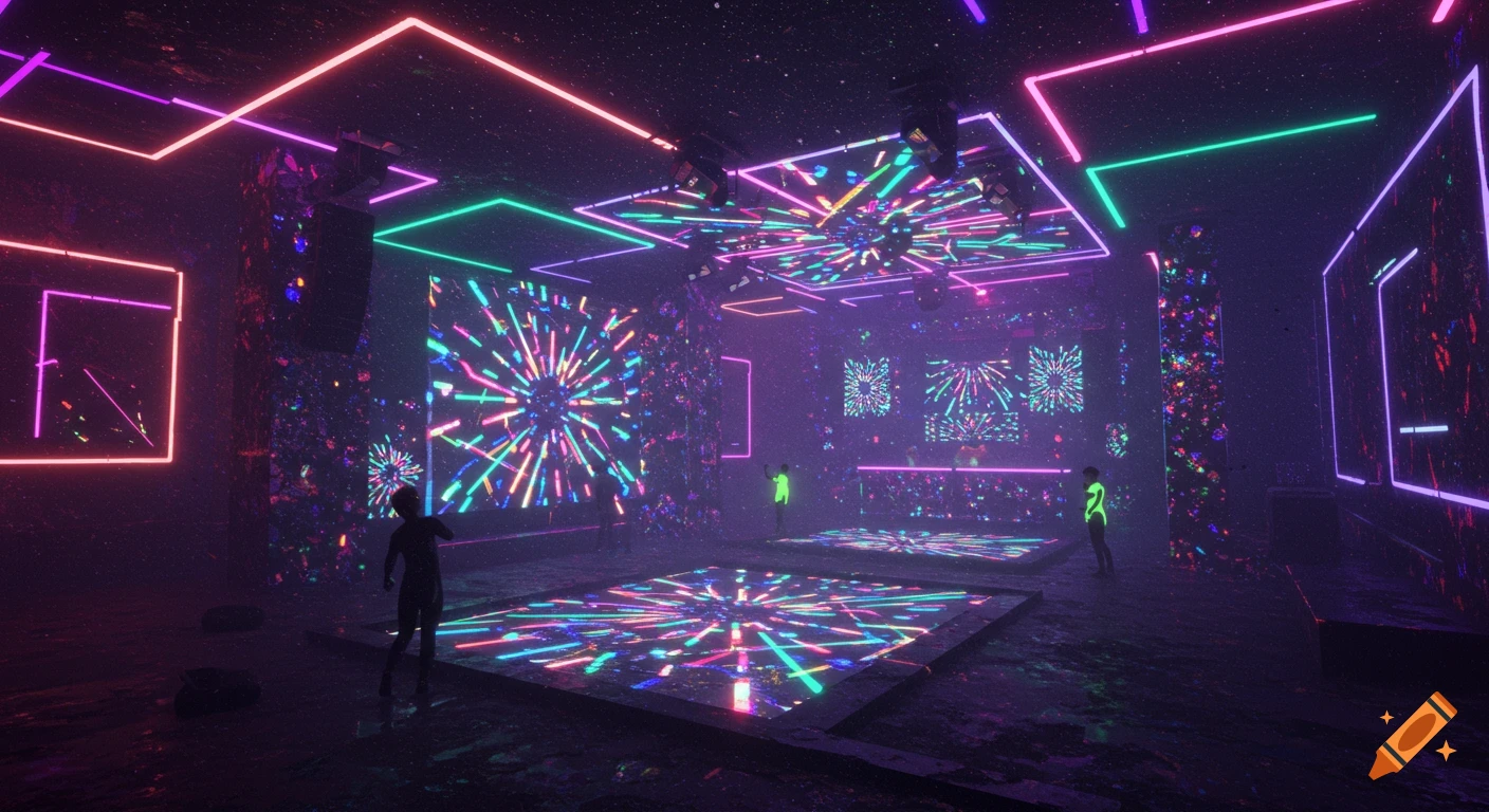 Futuristic rave with neon lights and silhouettes dancing.