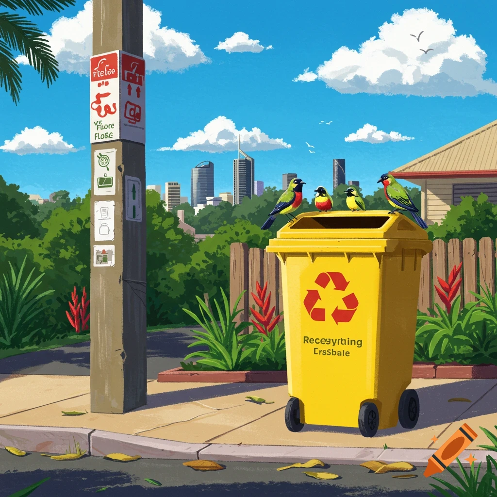 Illustration of a yellow recycling bin with birds on top, sidewalk, city skyline background.