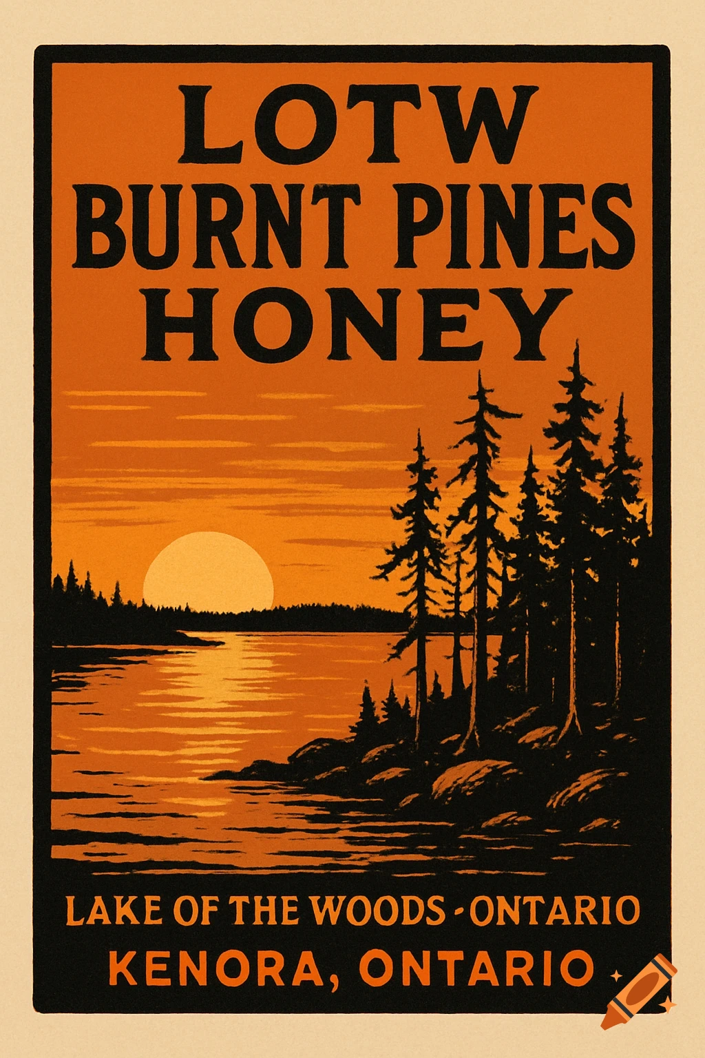 Vintage poster of sunset over a lake with pine trees, text about honey and Ontario.