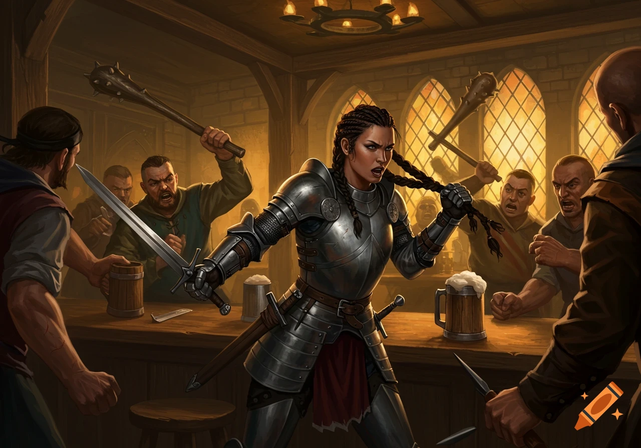 Female knight in armor fights men in a tavern brawl illustration.