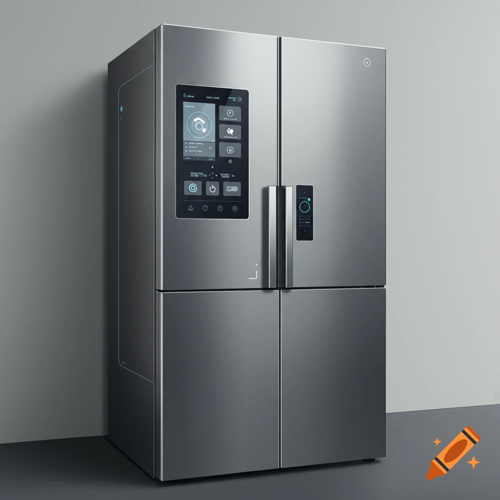 Modern stainless steel four-door smart refrigerator with display screens