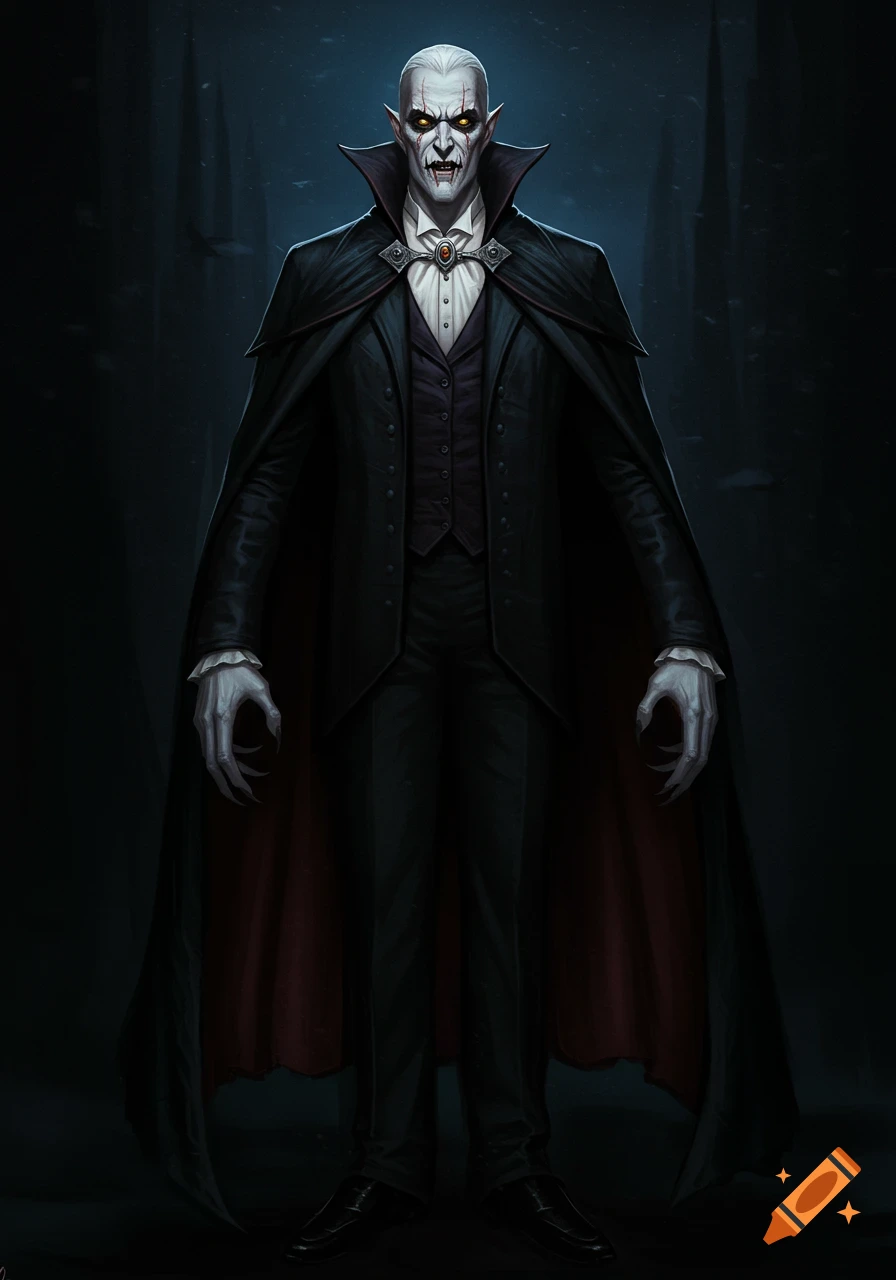 Full body portrait of a vampire in a black suit and cape with pale skin, yellow eyes, fangs, and claws.