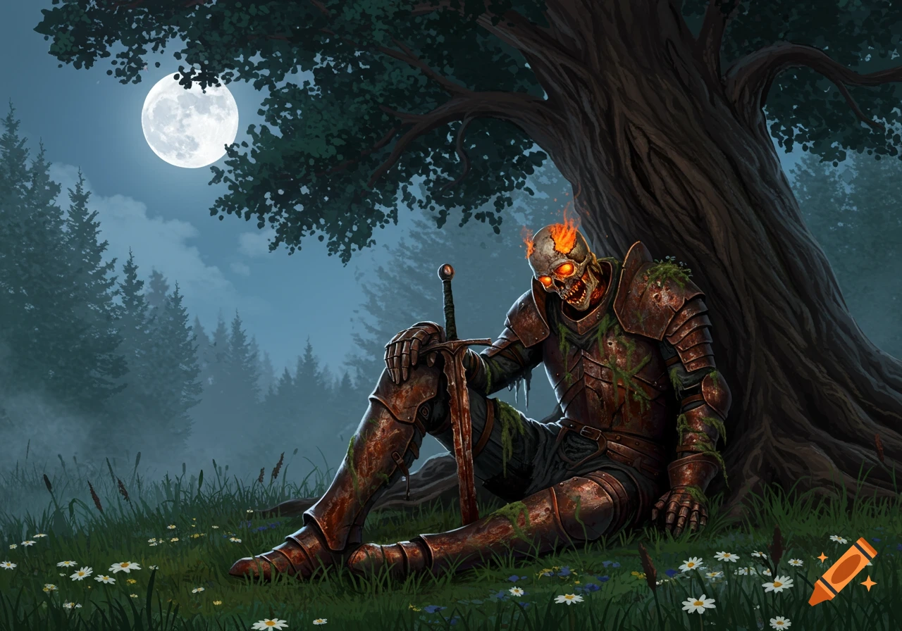 An undead soldier in rusty armor sits under a tree at night under a full moon.