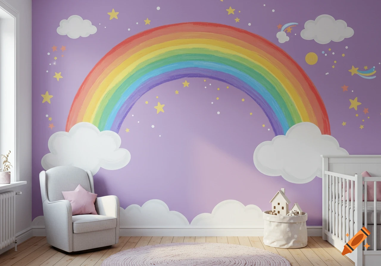 A nursery room with a purple wall painted with a large rainbow, clouds, and stars. A chair and crib are in the room.