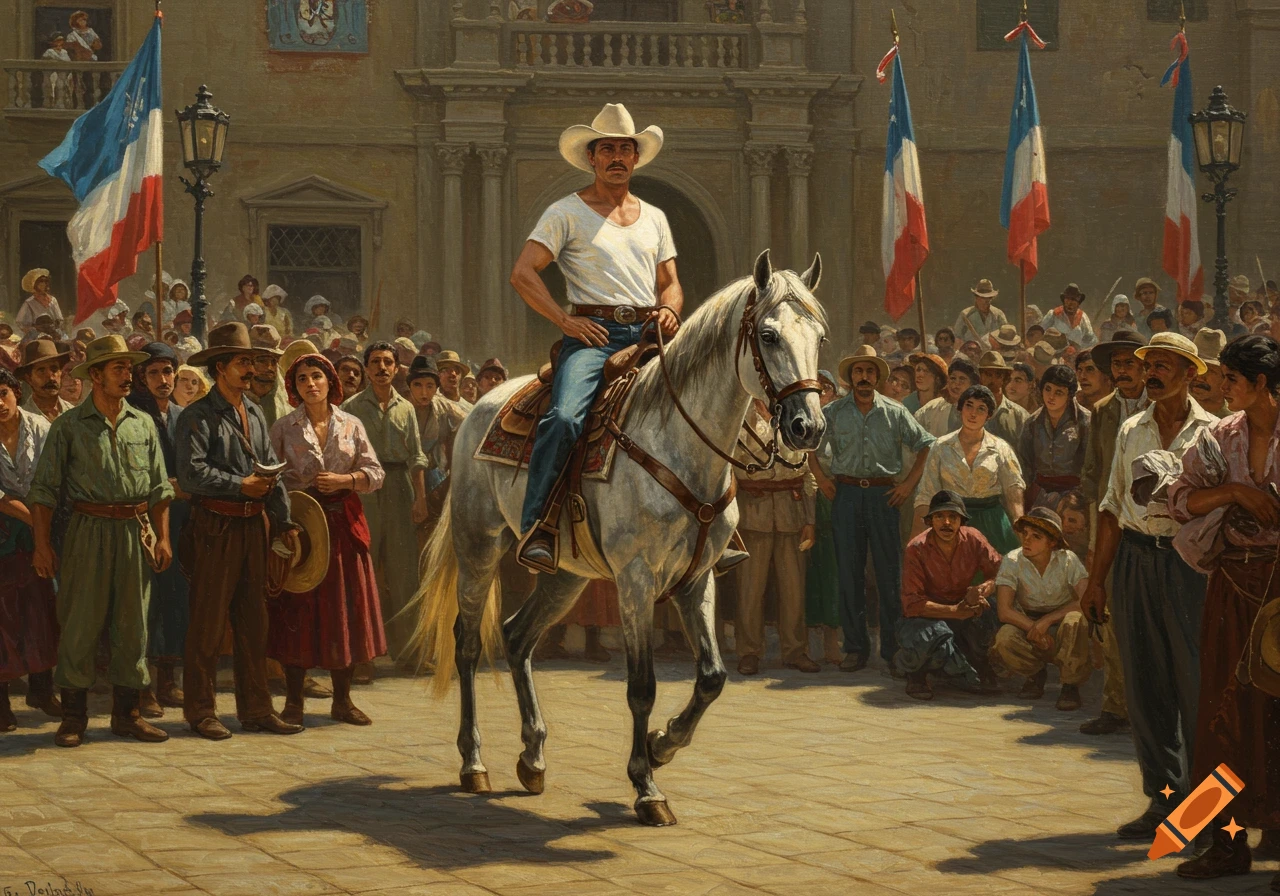 Oil painting of a man on a white horse riding through a crowd in a plaza.