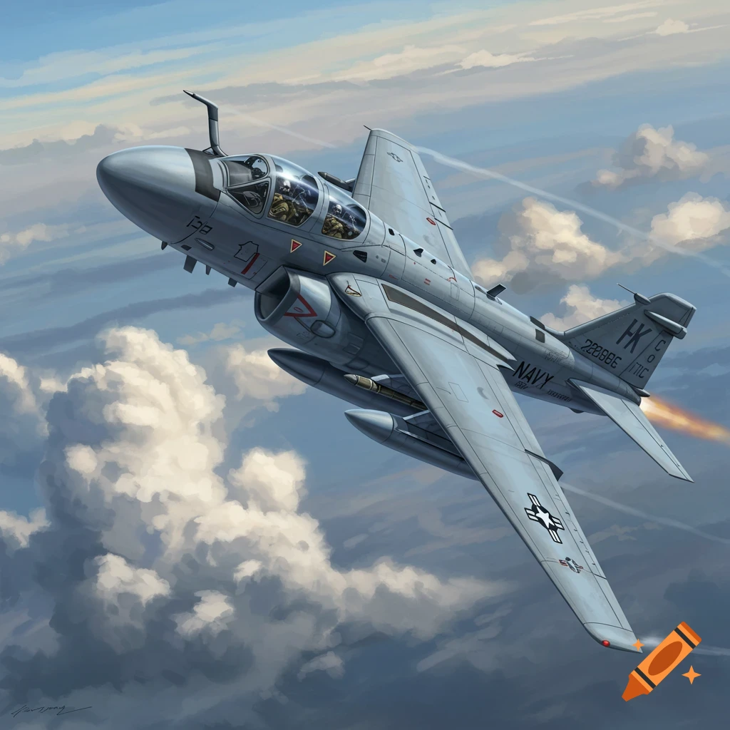 Grey military jet flying through clouds