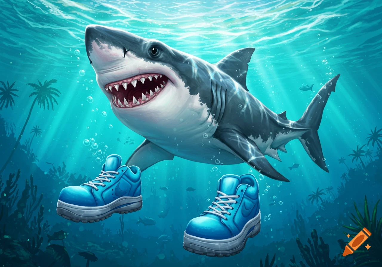 A cartoon shark wearing blue sneakers swims underwater with palm trees and sunlight streaming through the surface. Digital art.