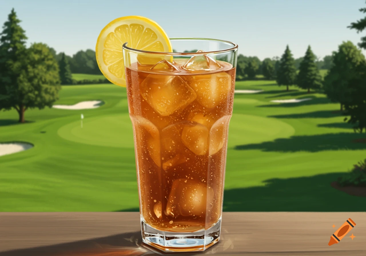 Glass of iced tea with lemon and ice on a table with a golf course in the background, illustration style.