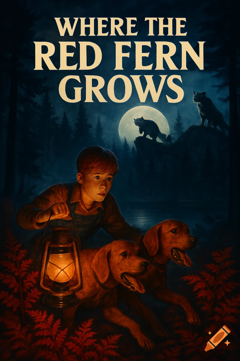 Movie poster illustration of a boy with dogs and lantern in a forest at night under a full moon.