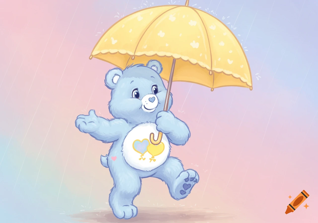 A blue Care Bear holding a yellow umbrella walks in the rain. Cartoon style.