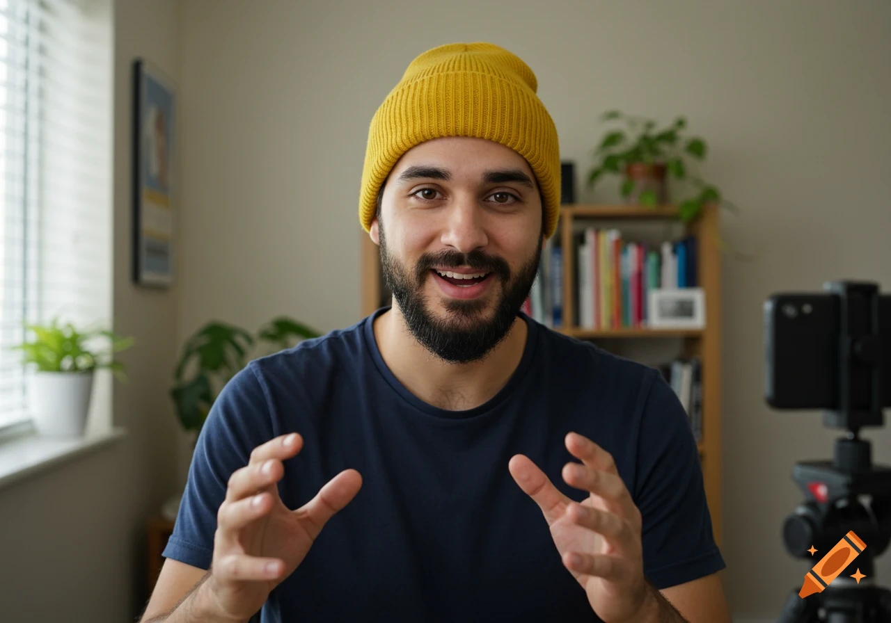 Man with beard and yellow beanie gesturing while recording a video indoors.