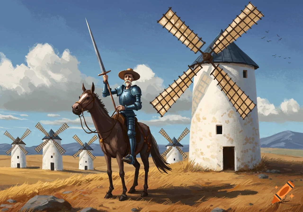 Don Quixote on horseback holding a spear, facing windmills in a field.