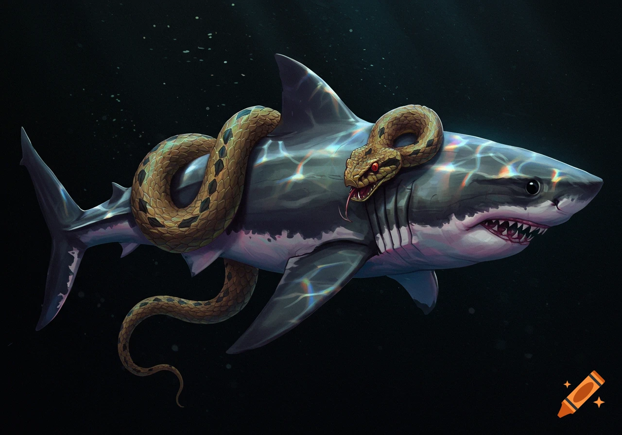Illustration of a shark with a viper snake wrapped around it swimming in dark water.