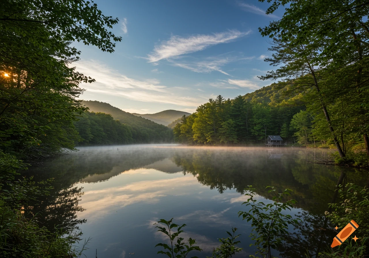 Morning mist rises over a mountain lake framed by trees with a cabin on the shore, photorealistic