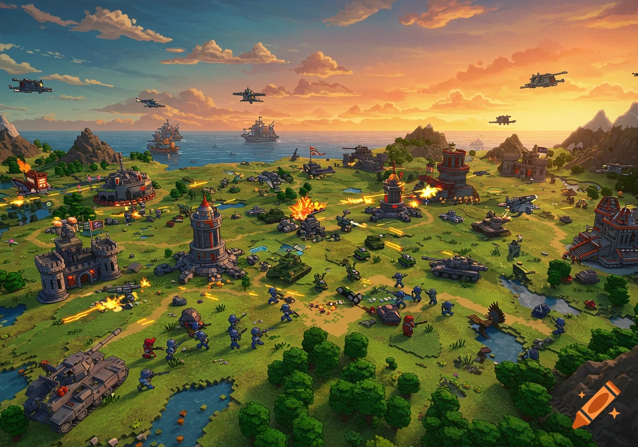 A wide view of a pixelated battlefield with tanks, soldiers, ships, and aircraft engaged in combat.