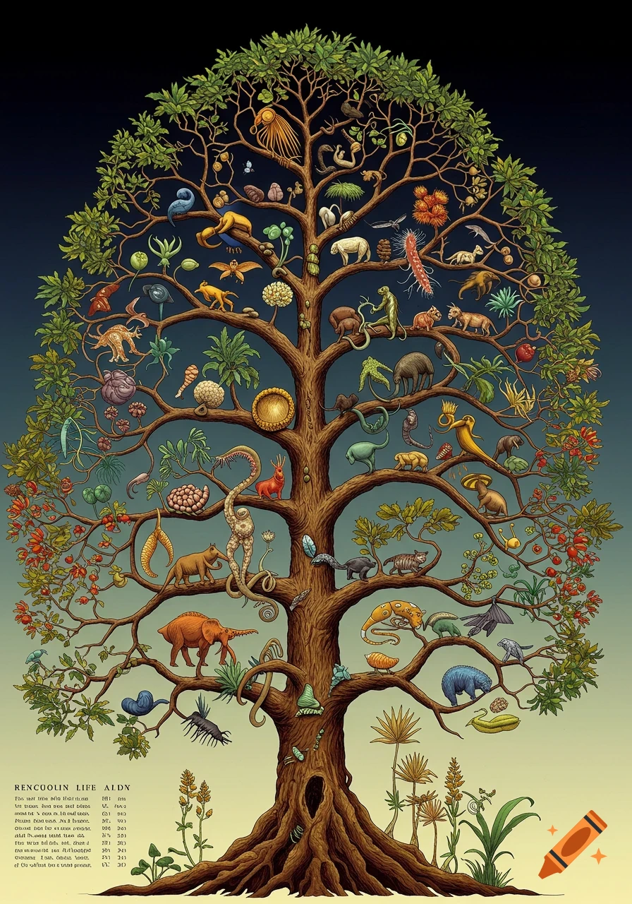 Detailed illustration of a Tree of Life with diverse creatures on branches.