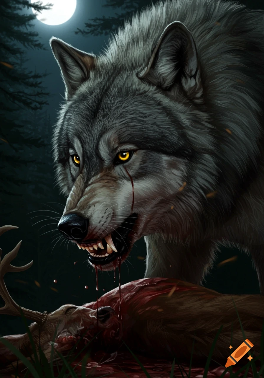 Digital painting of a snarling wolf dripping blood, standing over a dead deer carcass under a full moon.