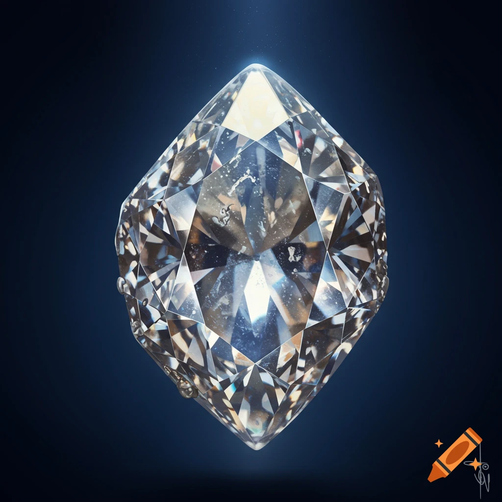 A detailed, sparkling diamond gem floating on a dark blue background.