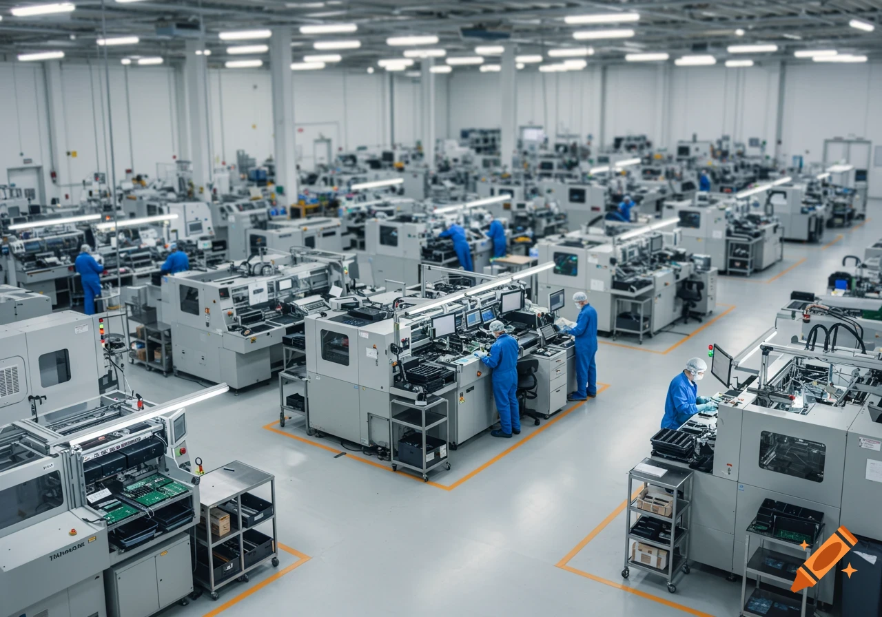 Workers in blue uniforms operate machinery in a large, bright electronics manufacturing warehouse, rendered with a tilt-shift effect.