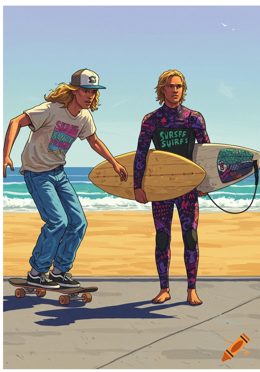 Illustration of a skater and a surfer on a beach path