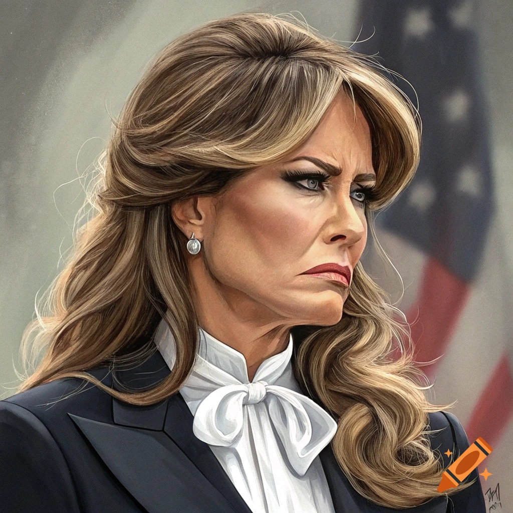 A stylized portrait of a woman with a serious expression, wearing a suit with a large white bow, with a blurred American flag in the background.