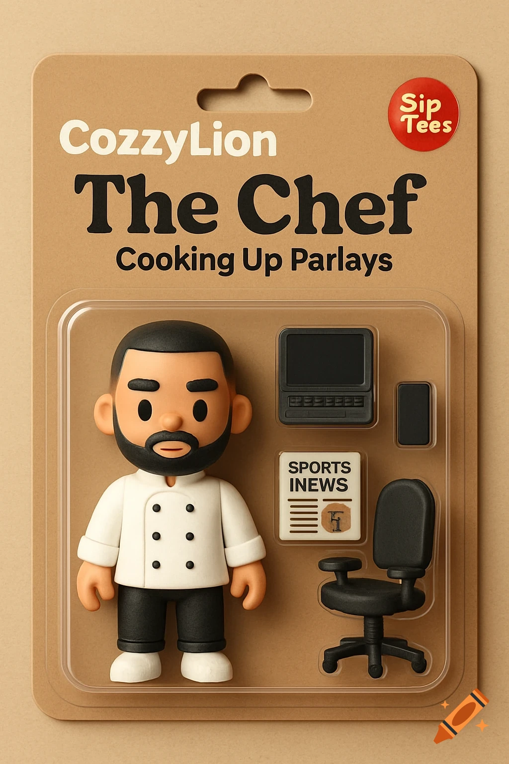 A 3D rendering of a toy figure in blister packaging. The figure is a chef with a beard. Accessories include a laptop, phone, newspaper, and chair.