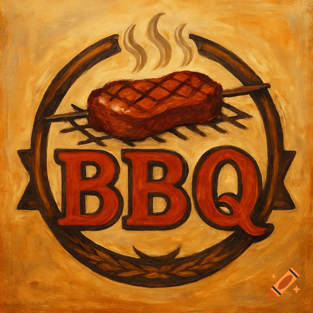 Painterly BBQ logo featuring a steak on a grill above the text BBQ.