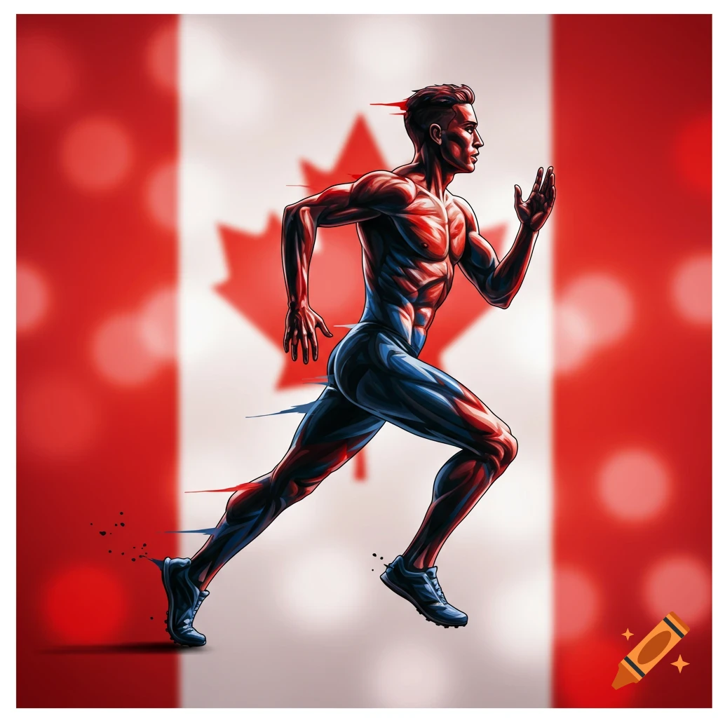 Stylized runner sprinting against a background of the Canadian flag