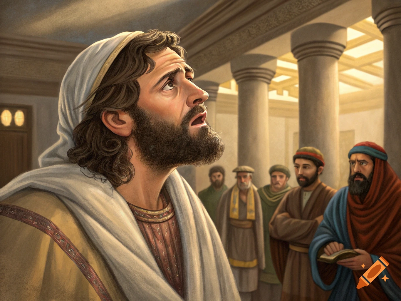 A man in ancient robes with a beard looks upward in a temple, surrounded by other figures.