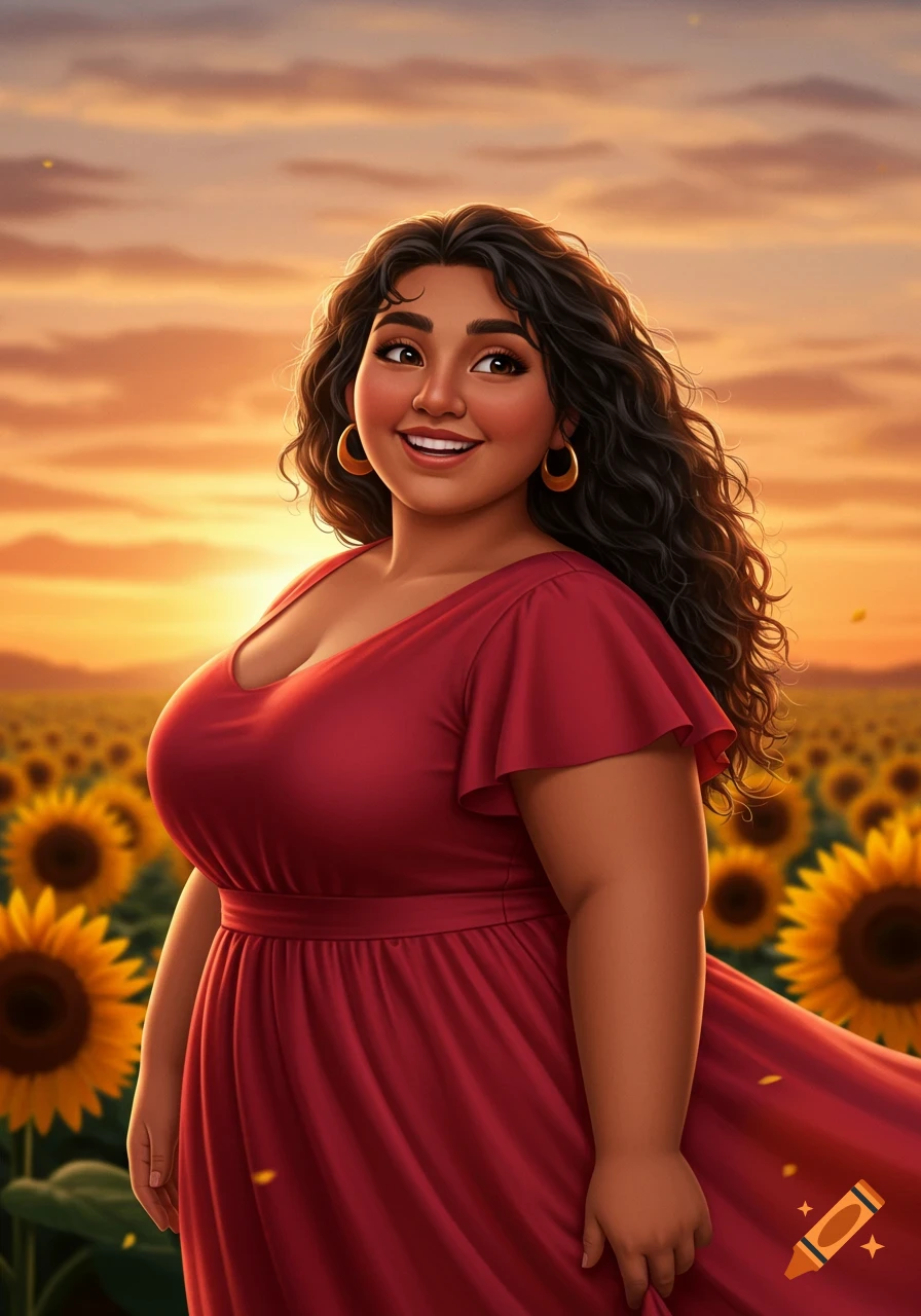 Illustrated portrait of a woman in a red dress in a field of sunflowers at sunset