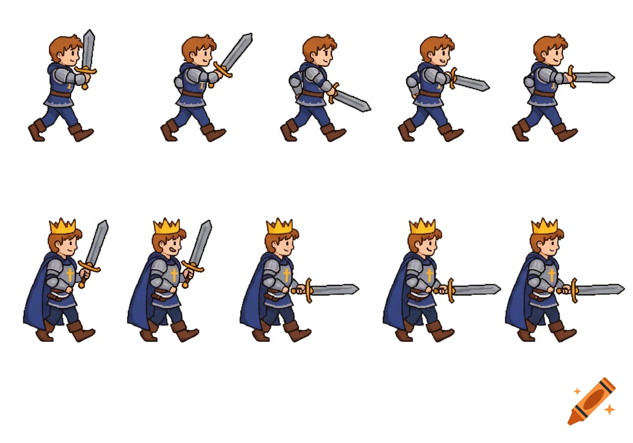 Pixel art sprite sheet of a fantasy knight character walking with a sword.