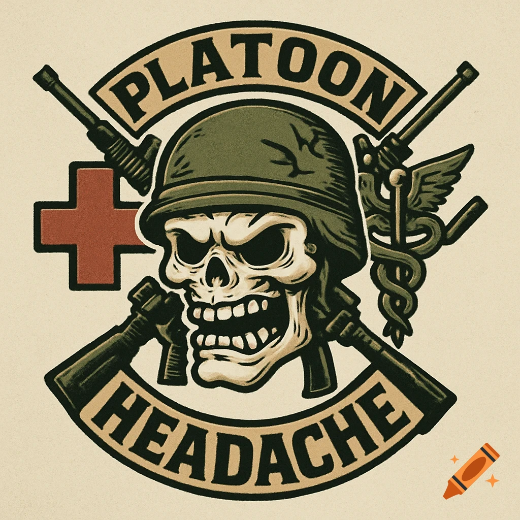 Military logo with skull in helmet, crossed rifles, medical symbol, and text "PLATOON HEADACHE".