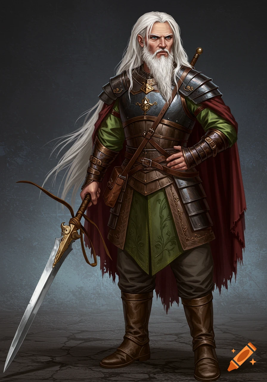 Portrait of an older male fantasy character with long white hair and ...