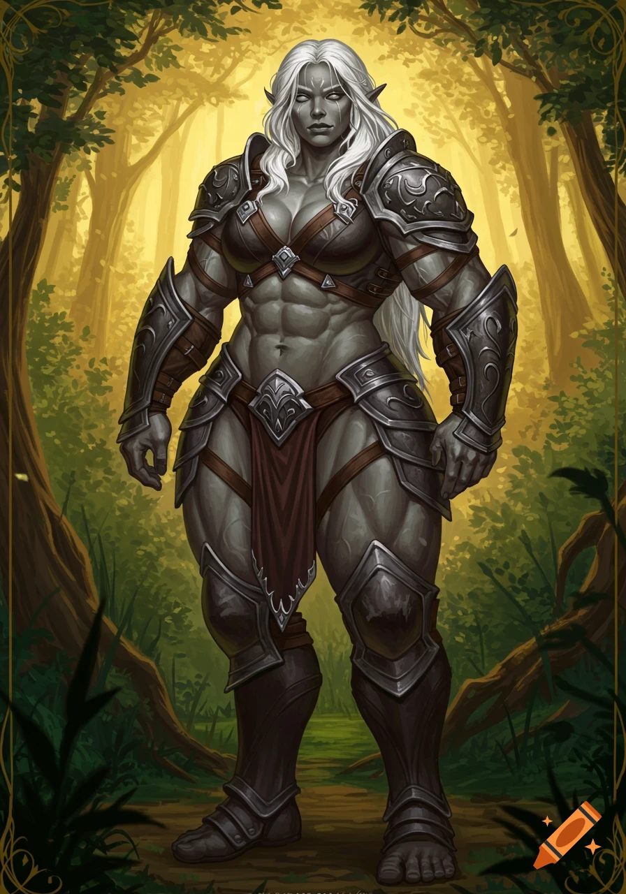 Full body portrait of a grey-skinned female fantasy warrior with silver hair and armor standing in a forest.