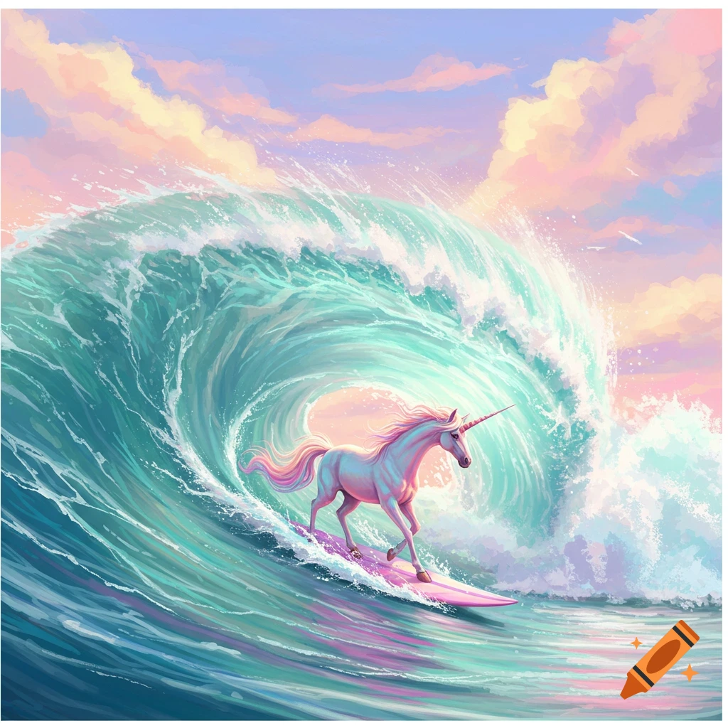 A white unicorn with a pink mane surfs on a pink surfboard down a large teal wave, against a colorful sunset sky.