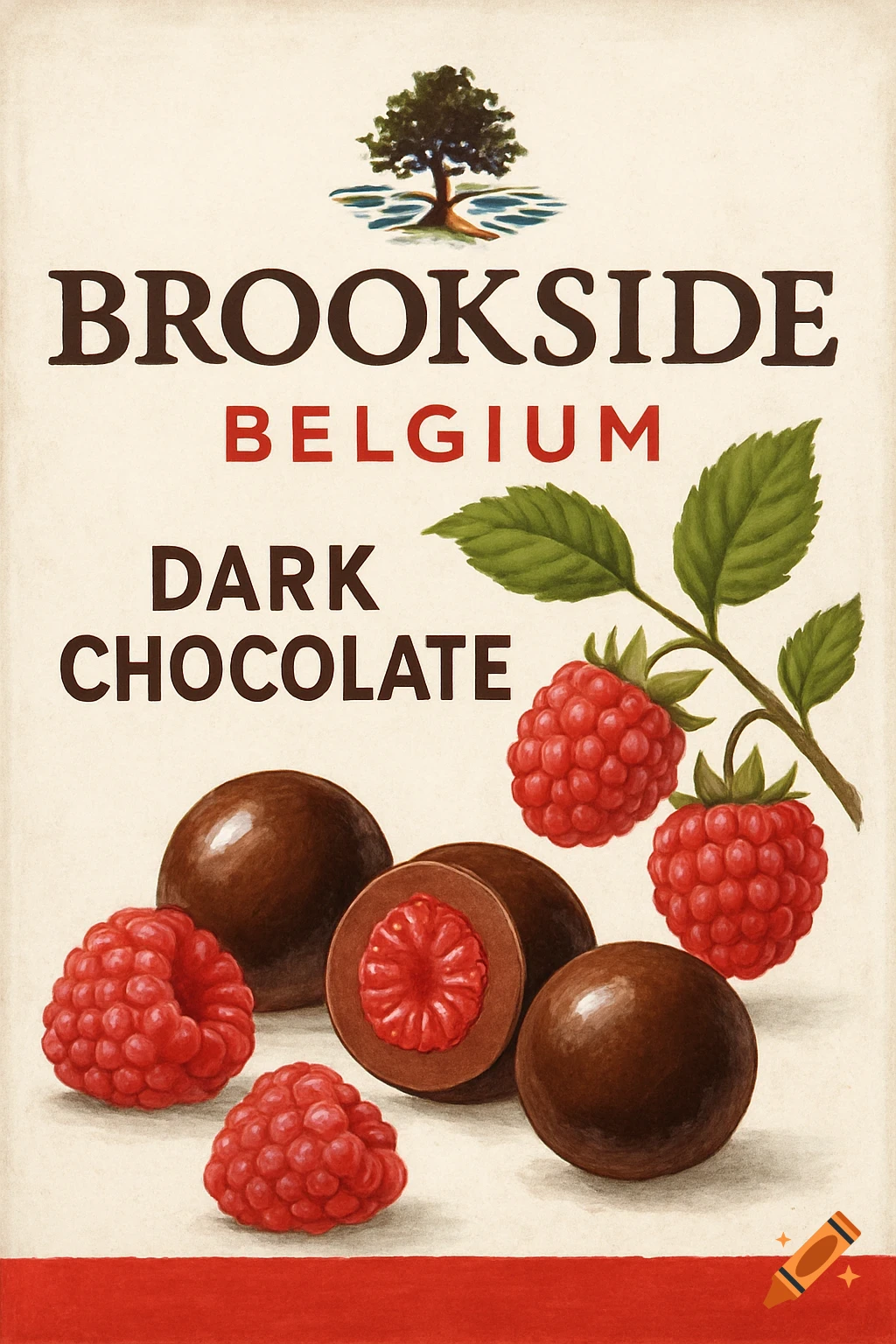 Illustration of Brookside chocolate packaging with raspberries and a tree logo.