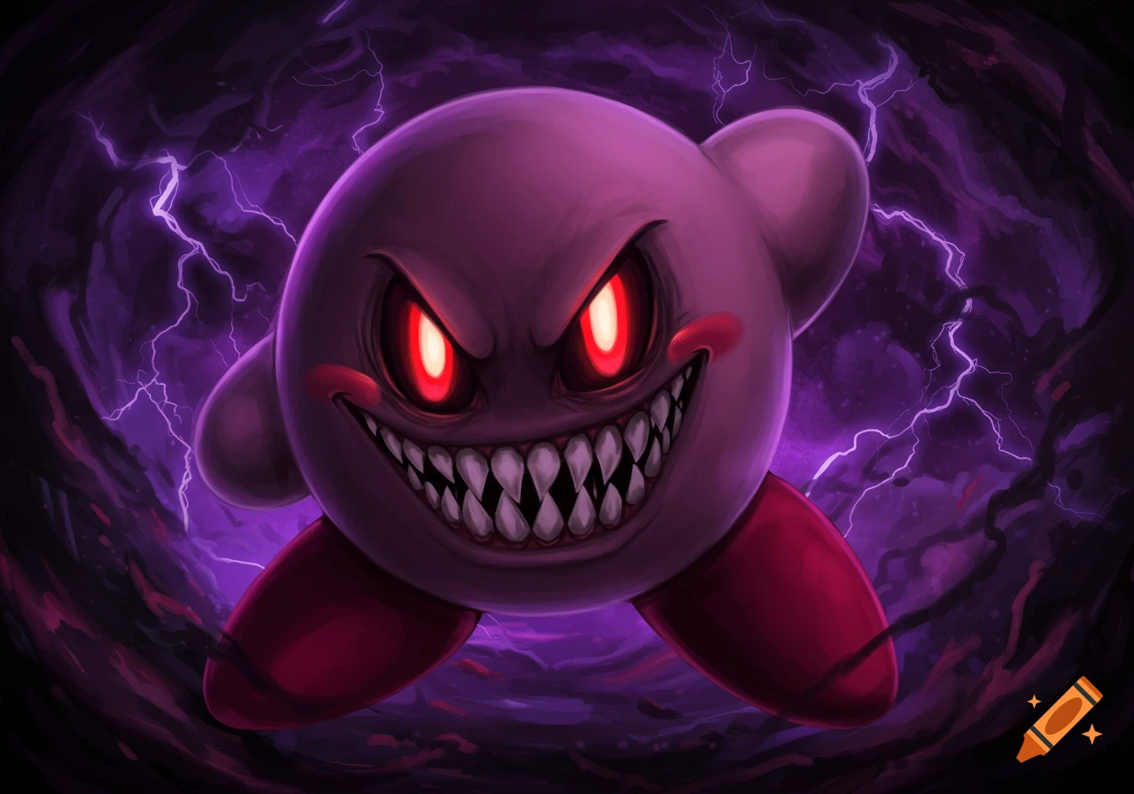 A scary version of Kirby with sharp teeth and glowing red eyes in purple lightning.