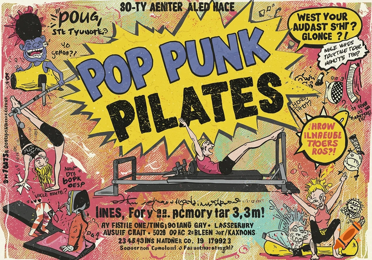 A colorful, stylized flyer in the style of Gary Panter for "Pop Punk Pilates" featuring cartoon characters exercising.