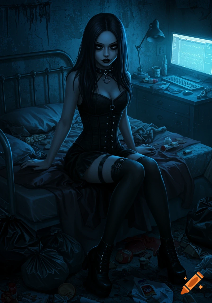 Goth anime girl sitting on a bed in a messy room with a computer.